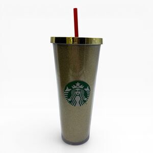 Starbucks 24 OZ Acrylic Gold Glitter Siren Cold Cup Tumbler Green Straw 2014 New